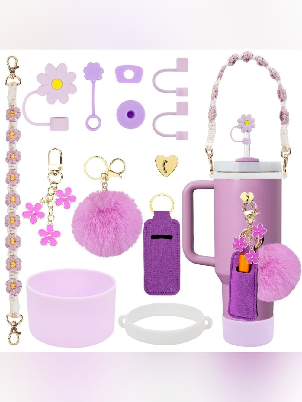 NEW 13 Pc Lilac Floral Charm Accessories For Stanley Tumbler w/ Pom Pom Keychain